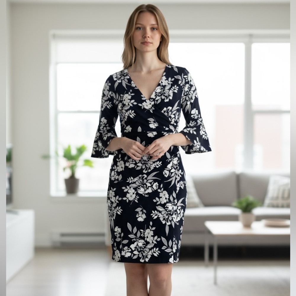 Ralph Lauren LRL Plus Dress Surplice Wrap Floral Kimono Sleeves 14